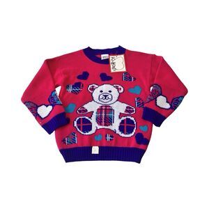Vintage 90s Teddy Bear Holiday Hearts Sweater Girls Size‎ 6X Pink Blue Nwt